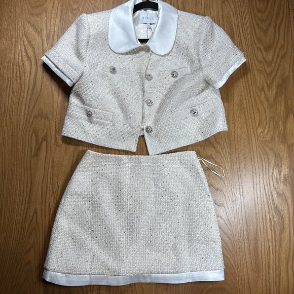 MABLE White Tweed Skirt Suit Set Pearl Button Satin Collar – Size S - Picture 2 of 13
